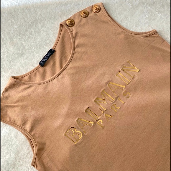 Balmain Tops - BALMAIN LOGO PRINT COTTON SLEEVELESS T-SHIRT